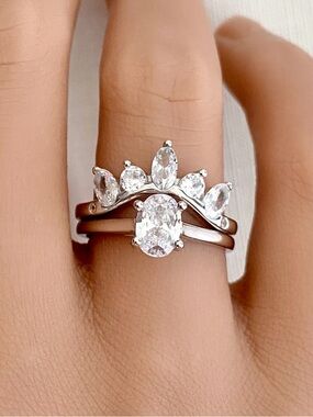 Sterling Silver Crown Oval CZ 2pc Stackable Band Ring Set Women Jewelry